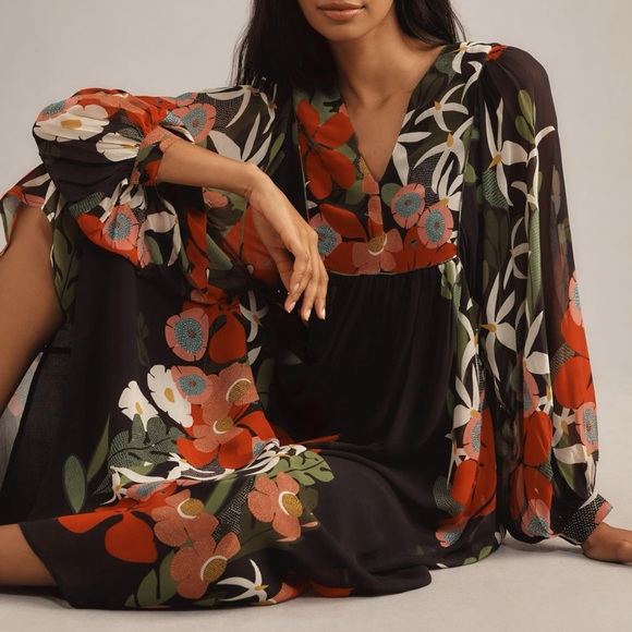 Farm Rio For Anthropologie Long-Sleeve V-Neck Black Floral Maxi Dress Size S - Picture 3 of 13
